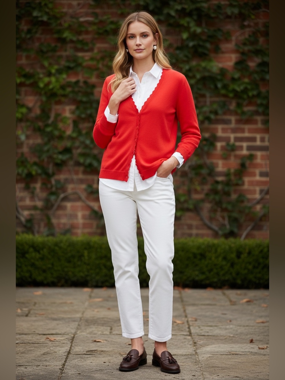 Isaac Mizrahi Live Coral Red Scalloped Cardigan Sweater Size Small 3/4 Sleeve